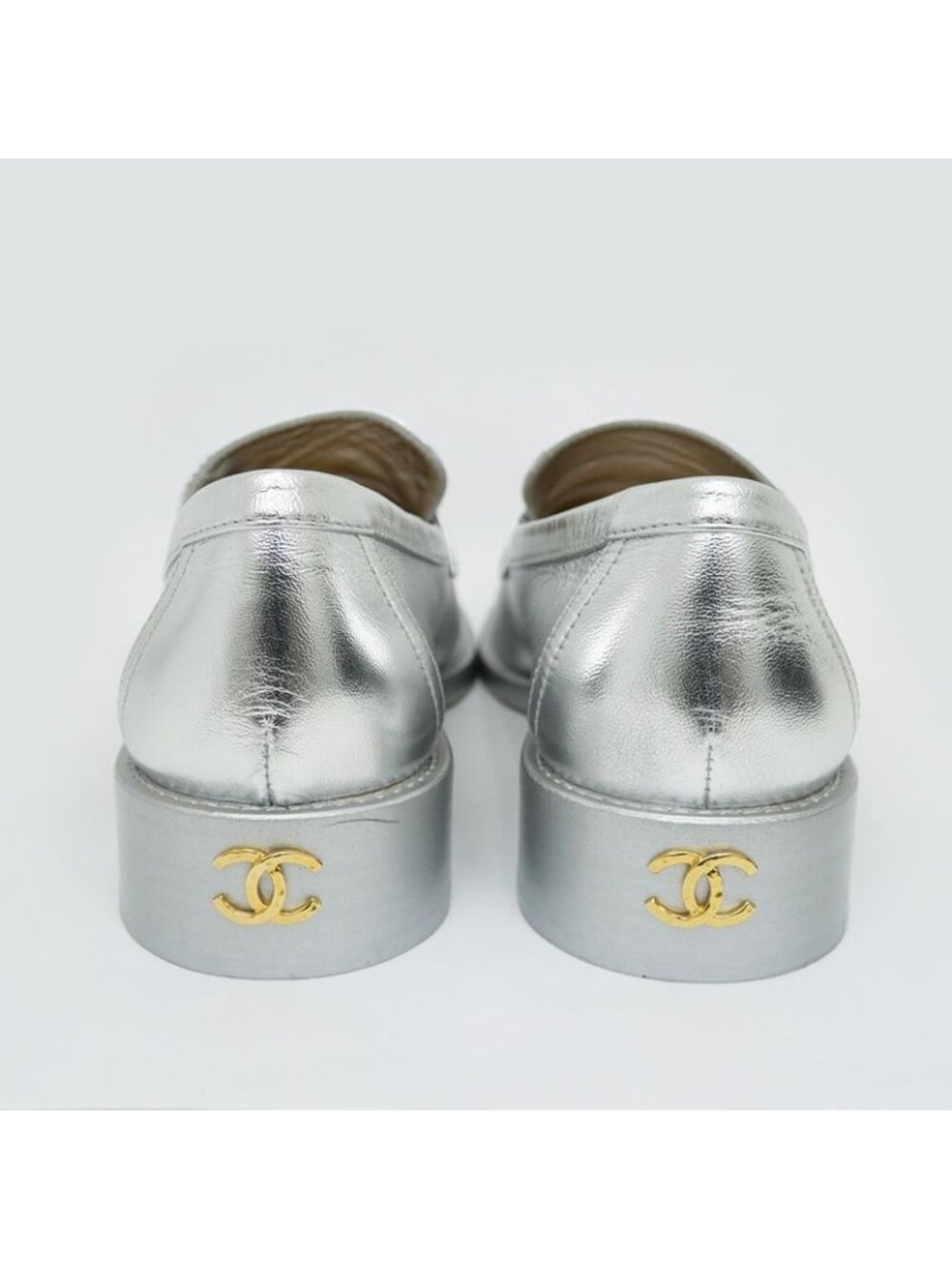 Chanel CC Logo Leather Loafers Silver Gold Hardware 37 1 2 - Picture 4 of 10